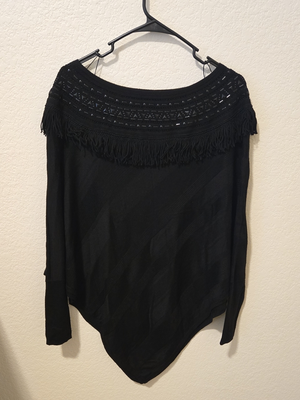 White House Black Market Black Off-Shoulder Fringe Sweater